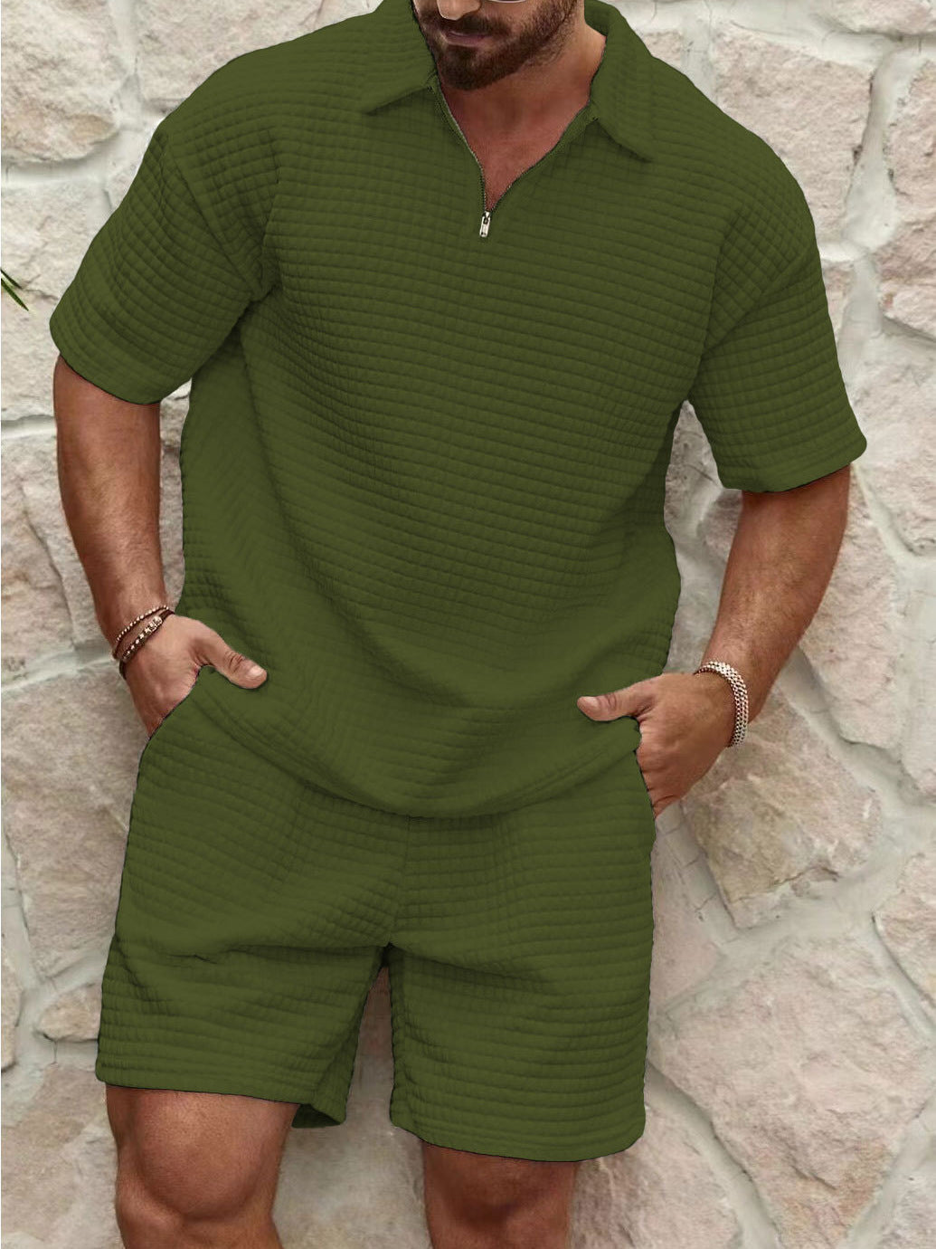 Men's Summer Casual Plaid Jacquard Weave Zip Short Sleeve Suit